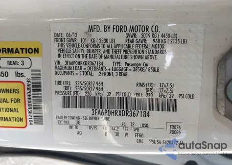 2013 Ford Fusion Se из США, поврежденный, VIN 3FA6P0HRXDR367184